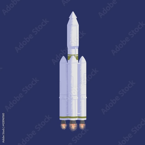 Fototapeta Naklejka Na Ścianę i Meble -  Cosmic rocket flying in open space with engine fire flames. Futuristic rocketship or spaceship. Shuttle during cosmos flight. Colored flat textured vector illustration of intergalactic transport