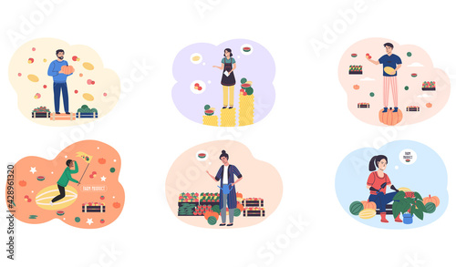 People proud of their business with farm products, scenes set with farmers surrounded by vegetables