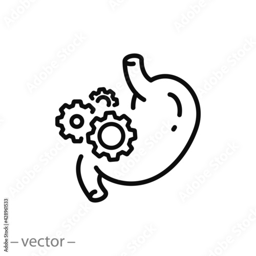 healthy work digestive system, icon, stomach with gears, thin line symbol on white background - editable stroke vector illustration eps10