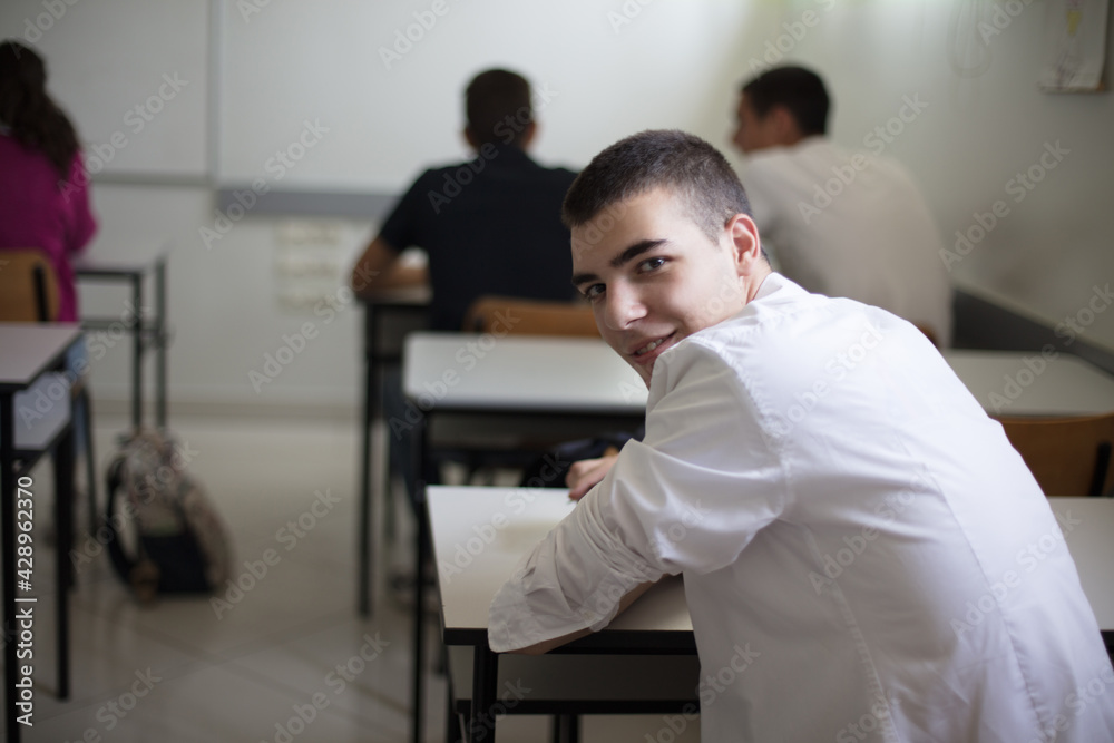  I love school.  Teenage student sitting in a classroom. Looking at camera.