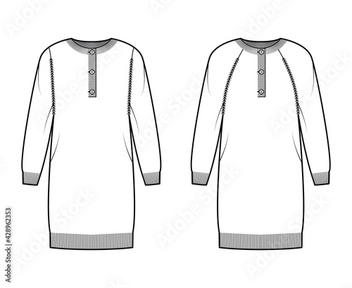 Set of dress Polo Sweaters technical fashion illustration with rib henley neck, classic collar, long raglan sleeves, oversized fit, knit trim. Flat apparel front, back, white color. Women, CAD mockup