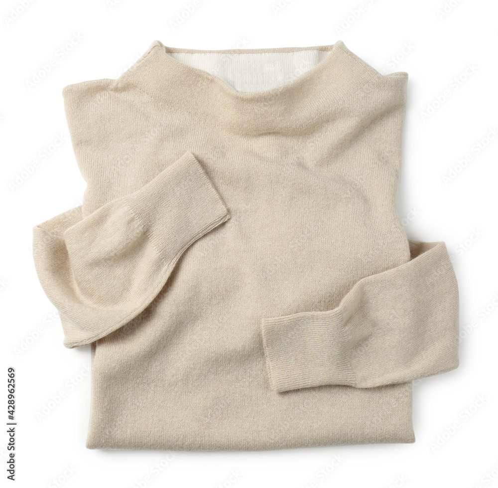 Cashmere sweater on white background, top view - obrazy, fototapety, plakaty 