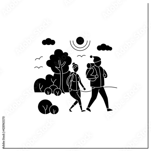 Friluftsliv glyph icon. Family hiking. Man and woman walking in park. Nice weather. Nature landscape. Nordic outdoor activities concept.Filled flat sign. Isolated silhouette vector illustration