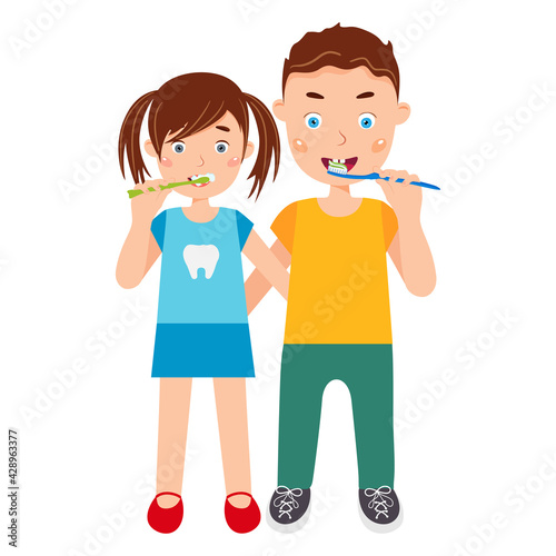 Cute kids brushing teeth, children oral hygiene. Vector illustration.