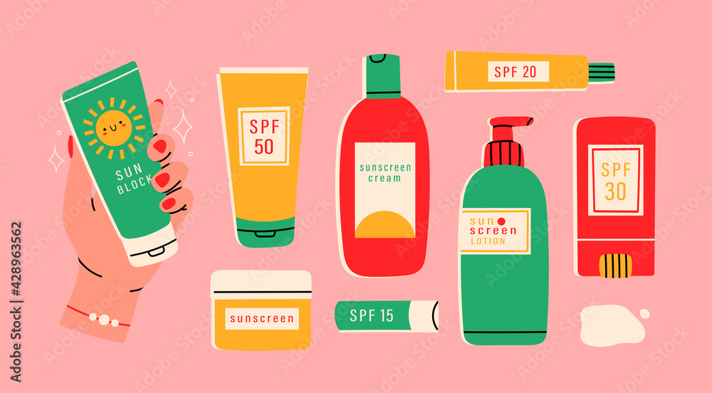 Sunscreen Moisturizer, Lotion, lipstick, sunscreen, various bottles