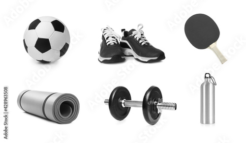 Fototapeta Naklejka Na Ścianę i Meble -  Set with different sports tools on white background