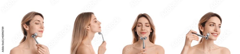 Young woman using face roller on white background, collage. Banner design Young woman using face roller on white background, collage. Banner design
