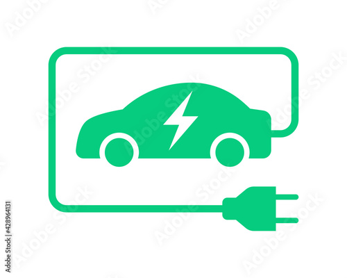 Electric car with plug green icon symbol, EV car hybrid vehicles charging point logotype, Eco friendly vehicle concept, Vector illustration	