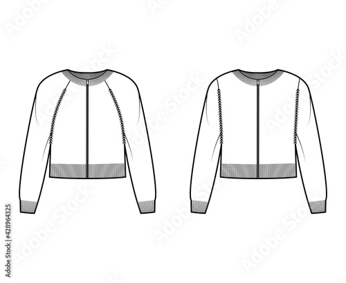 Set of Zip-up cropped cardigans Sweater technical fashion illustration with rib crew neck, oversized body, knit trim, pockets. Flat jumper apparel front, white color. Women, men unisex CAD mockup