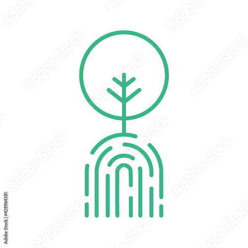 Green Finger print tree line icon. Zero emission concept. Environment conservation. Fingerprint nature logo. Human impact on Earth. Plant a tree sign. Deforestation. Vector illustration, flat, clip ar