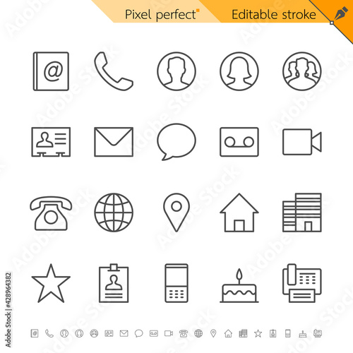 Contact thin icons. Pixel perfect. Editable stroke.