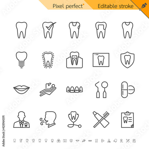 Dental thin icons. Pixel perfect. Editable stroke.