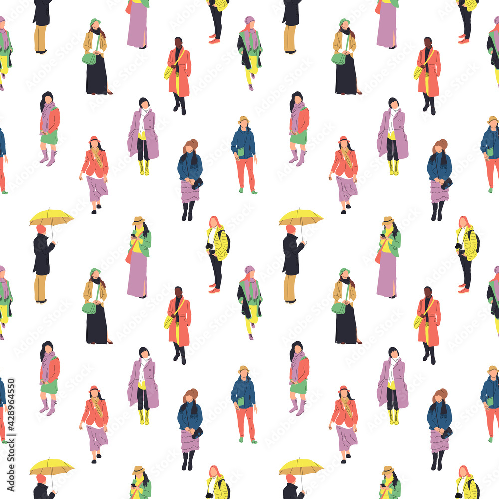 Colorful seamless pattern with silhouettes of many walking and standing people in warm clothes. On white background.