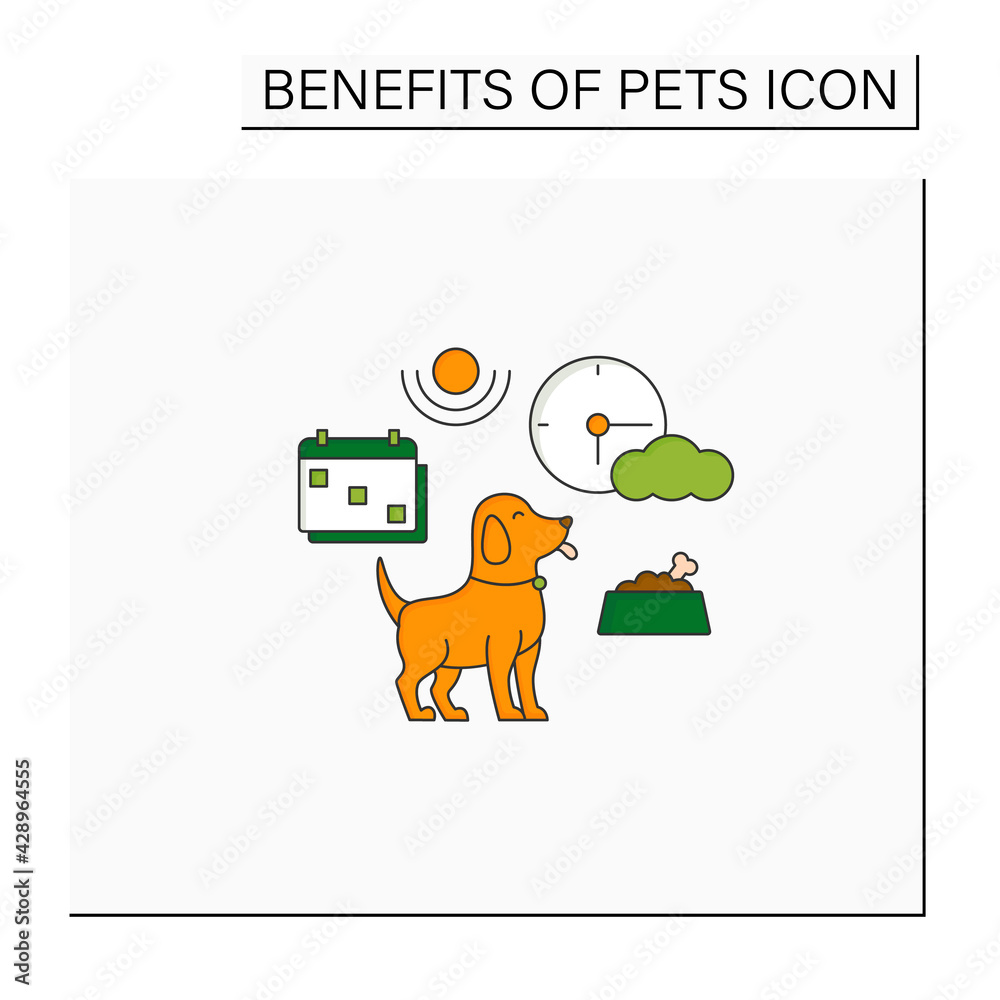 Pets benefits color icon.Adding structure to day plan. Change schedule. Everyday routine. Love animal.Animal caring concept. Isolated vector illustration Pets benefits color icon.Adding structure to day plan. Change schedule. Everyday routine. Love animal.Animal caring concept. Isolated vector illustration