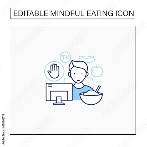 Mindful eating line icon. Eating on the couch, watching TV.Eat mindlessly, Unconscious nutrition.Healthcare concept. Isolated vector illustration.Editable stroke photo