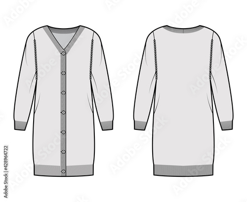 Cardigan dress Sweater technical fashion illustration with rib V- neck, long sleeves, button closure, relax fit, knit trim. Flat jumper apparel front, back, grey color style. Women, men unisex mockup