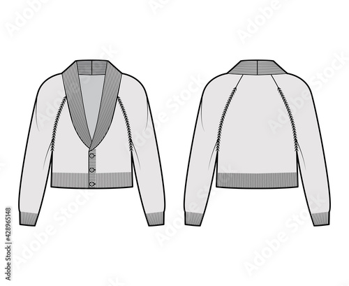 Cropped Cardigan Shawl collar Sweater technical fashion illustration with long raglan sleeves, relax body, waist length, knit rib trim. Flat apparel front, back, grey color style. Women men CAD mockup