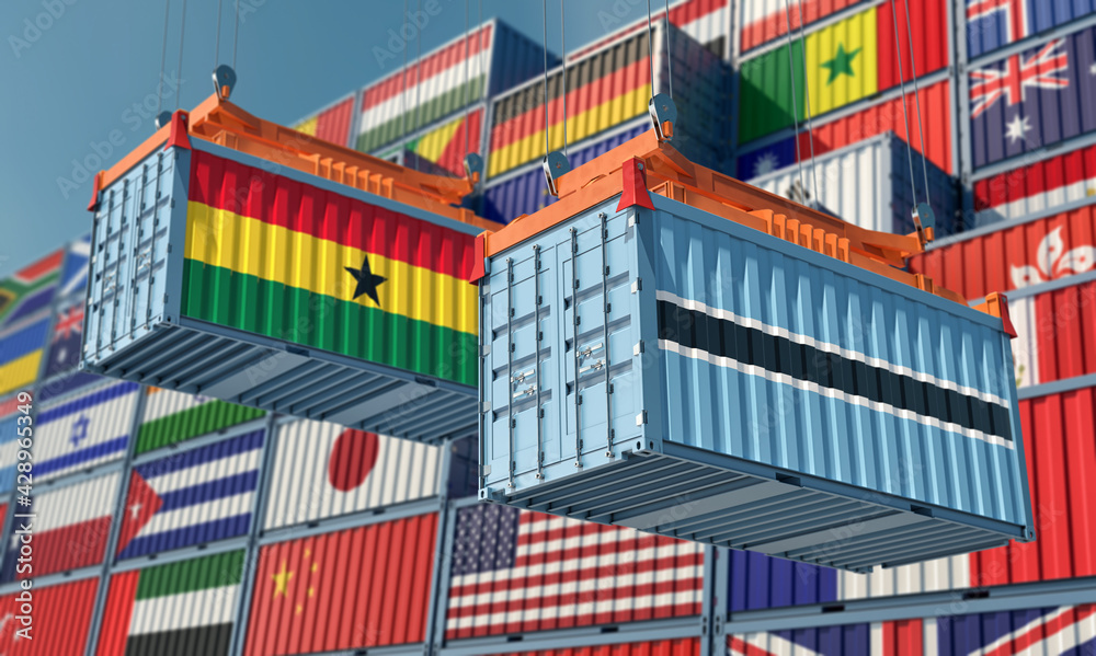 Freight containers with Ghana and Botswana national flags. 3D Rendering 
