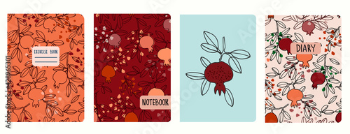 Cover page vector templates with pomegranate tree branches and fruit. Headers isolated and replaceable