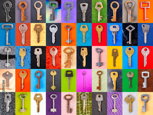 A set of old variety keys on different colored backgrounds