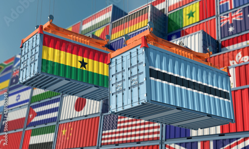 Freight containers with Ghana and Botswana national flags. 3D Rendering 