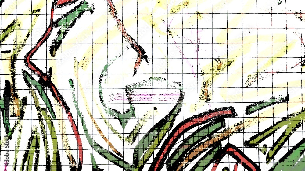 Obraz premium Colored abstraction in a small cell. Stylization for an abstract drawing from different lines in a blurry technique in a square matrix. The lines are of different colors, shapes and lengths.