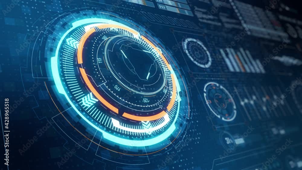 Motion graphic of head up display ( HUD UI ) technology interface screen with futuristic 3D elements graph and chat panel