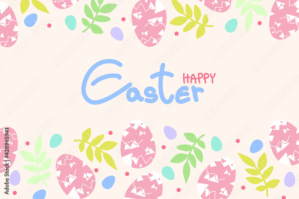 Happy Easter background. Trendy Easter design with typography, hand drawn strokes and dots, eggs. Modern minimalistic style. Horizontal background