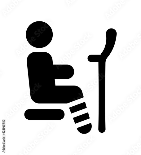 Man have leg injury with crutch siting on privilege seat for transportation icon.