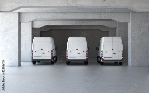 Fotografie, Obraz New delivery vans at parking with concrete walls. 3d rendering