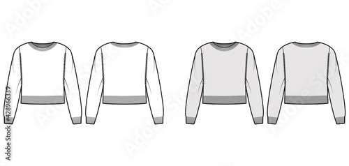 Bild auf Leinwand Crew neck cropped Sweater technical fashion illustration with long sleeves, relax fit, waist length, knit rib trim