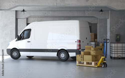 Canvas Print A new delivery van at warehouse. Cargo loading. 3d rendering