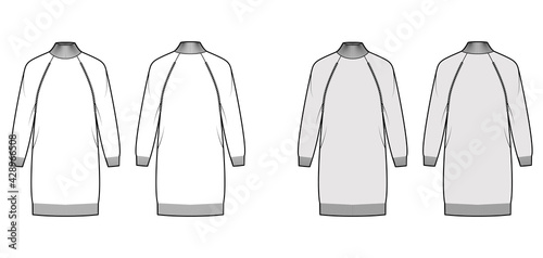Dress Turtleneck Sweater technical fashion illustration with long raglan sleeves, oversized body, knee length, knit trim. Flat jumper front, back white, grey color style. Women men unisex CAD mockup