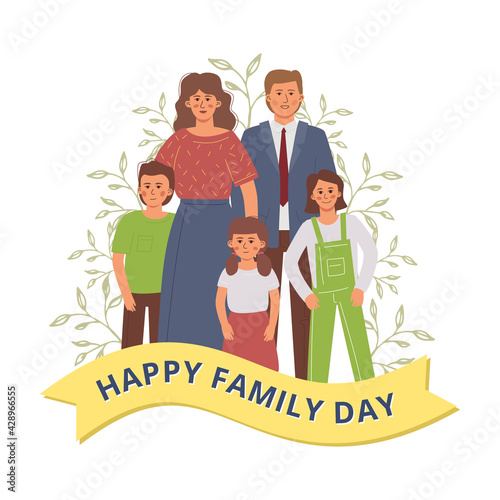 Happy family day. Happy parents and children stand together. Illustration for a postcard or poster.