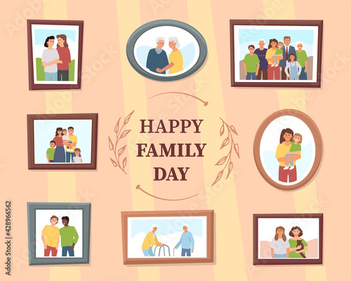 Happy family day. Different family photos as a symbol of love, unity, friendship, support, kinship, continuity of generations. The concept of memories and nostalgia.