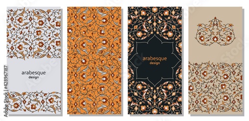 Set of vertical arabesque floral banners. Branches with flowers, leaves and petals