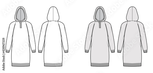 Dress Hooded Sweater technical fashion illustration with rib henley neck, long raglan sleeves, knee length, rib trim. Flat jumper apparel front, back, white grey color style. Women, men unisex mockup