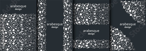 Set of vertical arabesque floral banners. Branches with flowers, leaves and petals