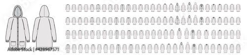Set of Dresses Sweaters, cardigans technical fashion illustration with hood long raglan sleeves, knee length, knit rib trim. Flat jumpers apparel front, back grey color. Women men unisex CAD mockup