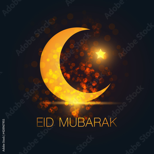 Ramadan Kareem or Eid Mubarak - Dark Greeting Card Design for Muslim Community Festival with Night Sky and  Golden Crescent Moon