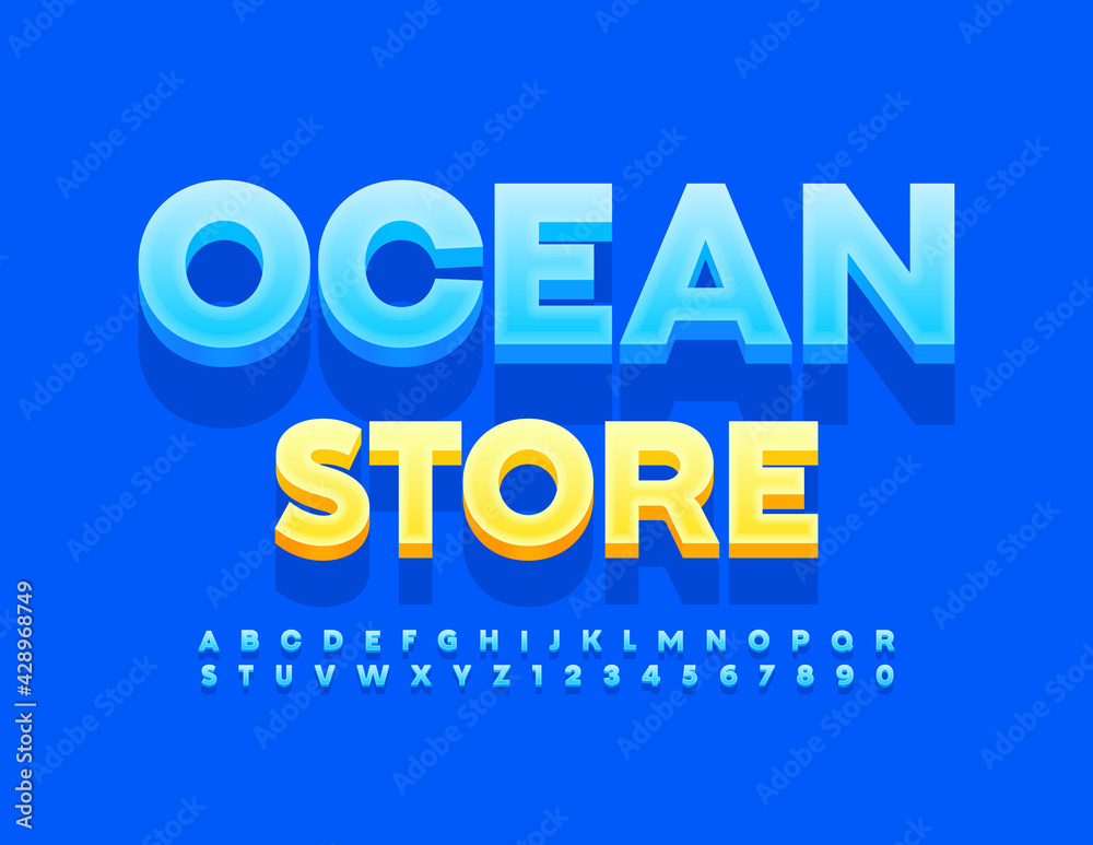 Vector colorful logo Ocean Store. Modern 3D Blue Font. Creative Alphabet Letters and Numbers