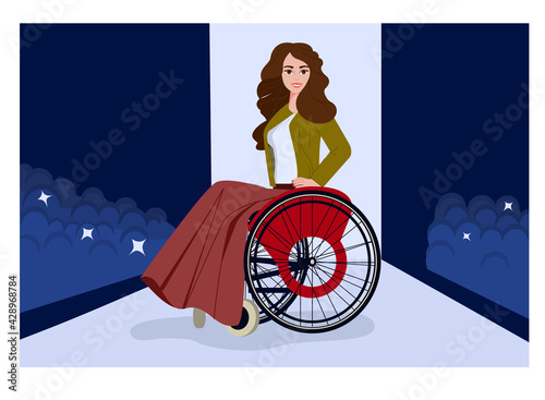 A young disabled girl on the catwalk at a fashion show. The disabled person is the top model of the fashion house. Concept. Flat style. Vector illustration