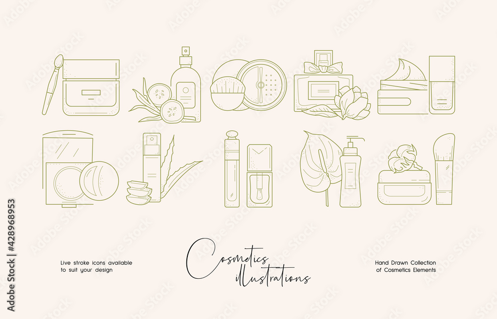 Set of hand drawn line art illustrations of cosmetics and flowers. Suit to brand identity, logo design
Set of hand drawn line art illustrations of cosmetics and flowers. Suit to brand identity, logo design