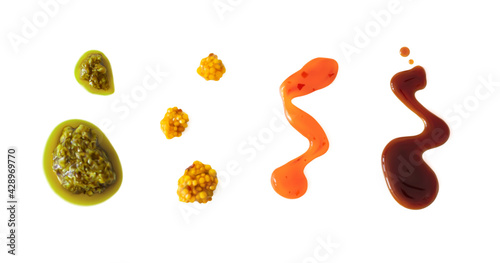 Pesto, mustard with grain, sweet chili, soy, balsamic or teriyaki sauce smears realistic 3d vector illustration isolated on white background. Close-up seasoning and dip splash