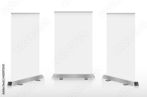 Digital advertising stands banners. White lcd screens on metal rack for successful commercial project.