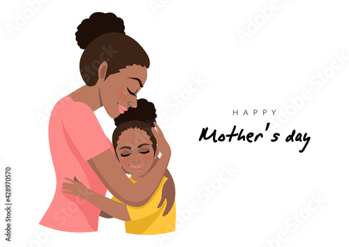 Cartoon character with African American mom and daughter embrace. Mother s day background. Isolated design on white background. Vector illusrtation