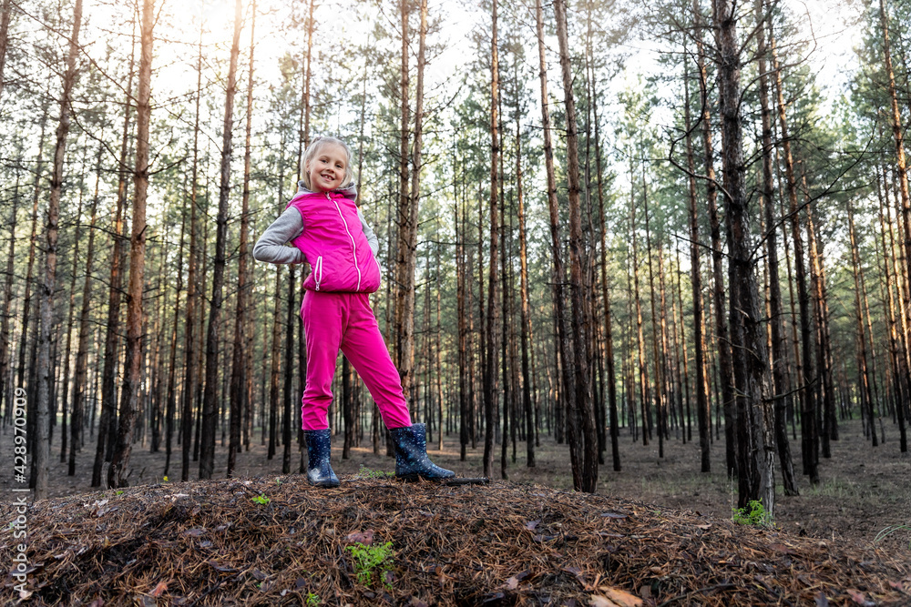 Cute pretty blond caucasian happy child funny girl in bright pink suit enjoy walking in wet coniferous pine forest on sunny morning day. Little female kid portrait hiking nature trip outdoors Cute pretty blond caucasian happy child funny girl in bright pink suit enjoy walking in wet coniferous pine forest on sunny morning day. Little female kid portrait hiking nature trip outdoors
