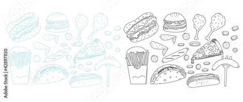 Set of hand drawn junkfood or fast food isolated on white background. burger, potatoes stick, fried chicken, hotdog, sausage, pizza