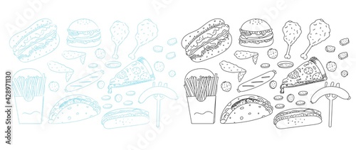 Set of hand drawn junkfood or fast food isolated on white background. burger  potatoes stick  fried chicken  hotdog  sausage  pizza