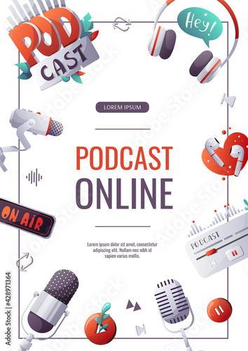 Promo banner for Podcast, Streaming, Online show, blogging, radio broadcasting. Microphone, headphones, music control, podcast sign. A4 vector illustration for poster, banner, advertising.